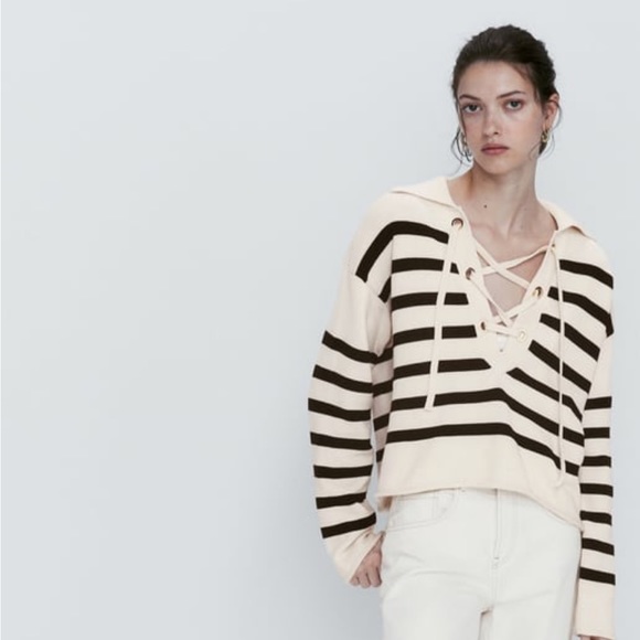NWT Zara Striped Sweater with Lace Up Neckline - Picture 1 of 9